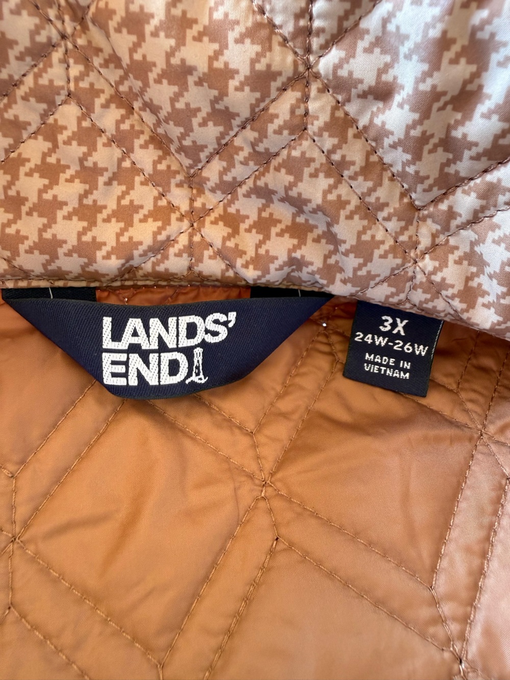 Lands End Quilted Jacket Tan Houndstooth PrimaLoft Insulated Women’s Plus 3X - Picture 8 of 12